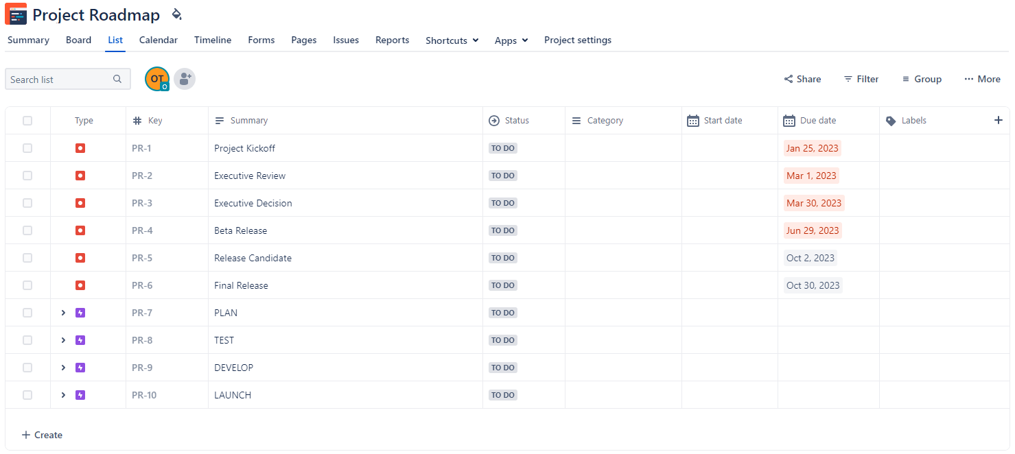 Jira project milestones and epics in List view