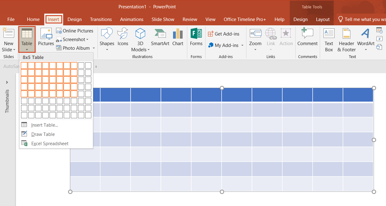 Insert table in PowerPoint roadmap