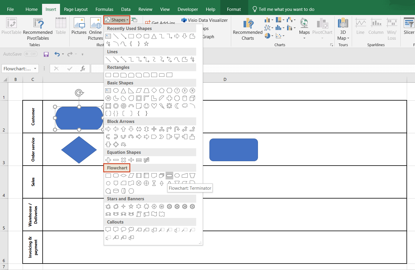 Insert shapes in manual swimlane diagram in Excel.