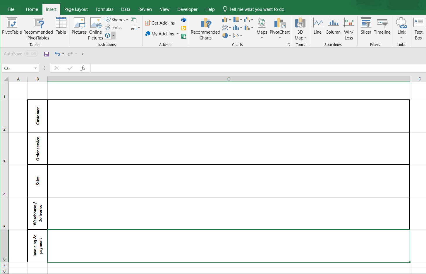 Draw table in Excel to make a swimlane diagram