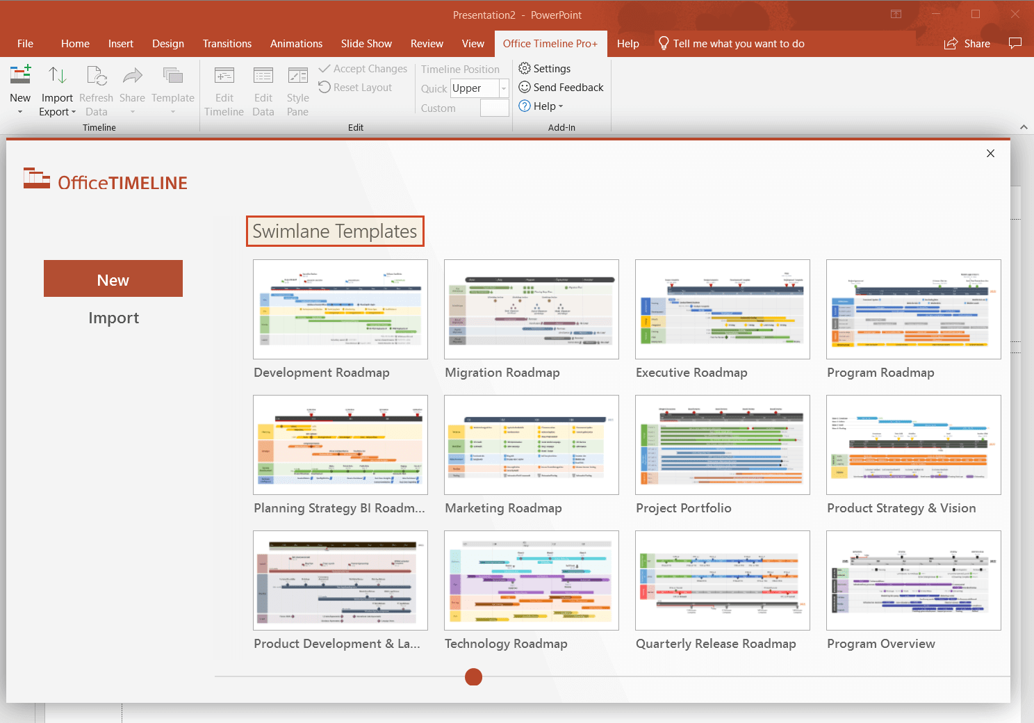 Pick a template from Office Timeline swimlane templates gallery
