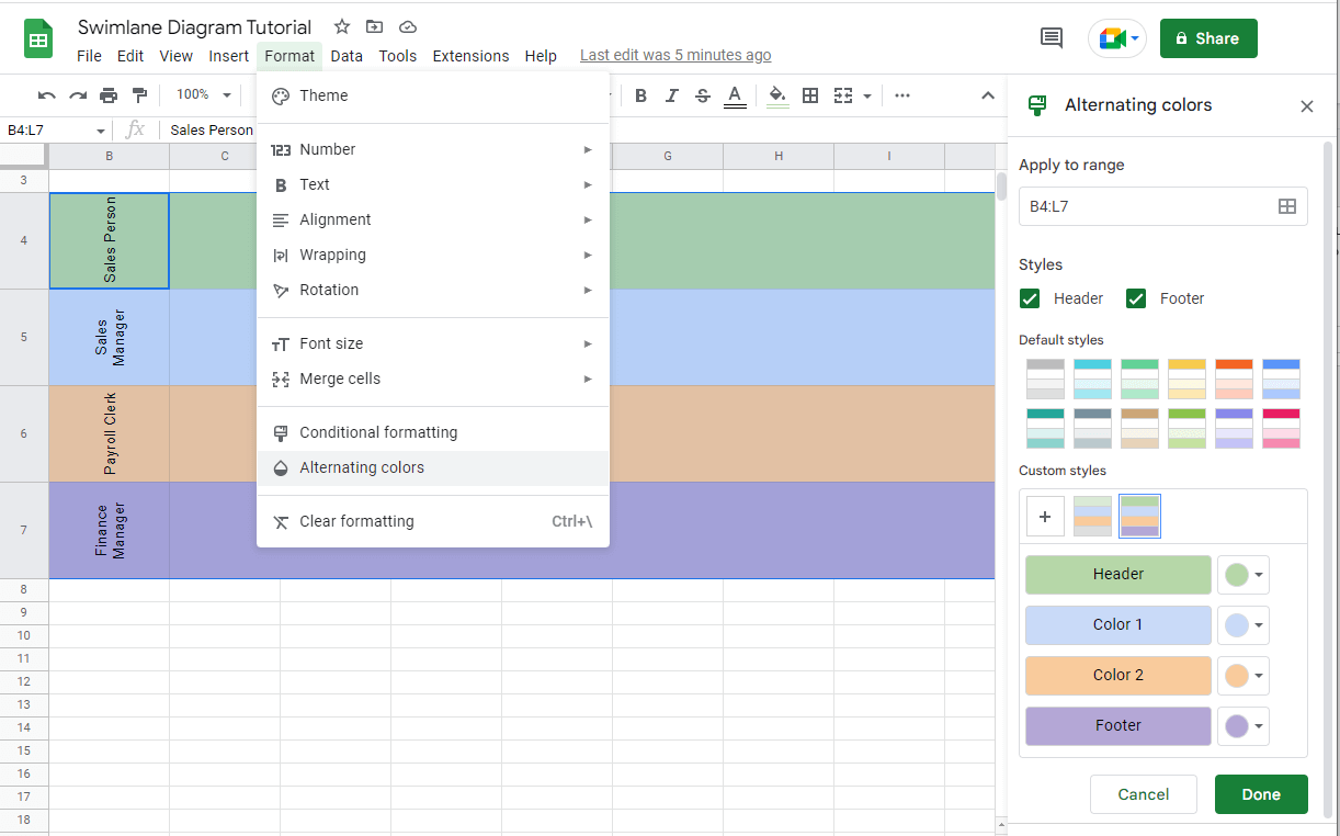 Delimit swimlanes with alternating colors in Google Sheets