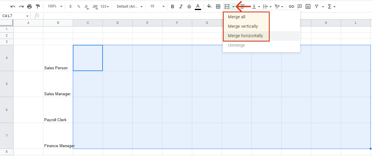 Horizontally merge row cells in Google Sheets