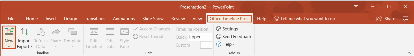 Select New in Office Timeline tab to create an automatic PowerPoint swimlane diagram
