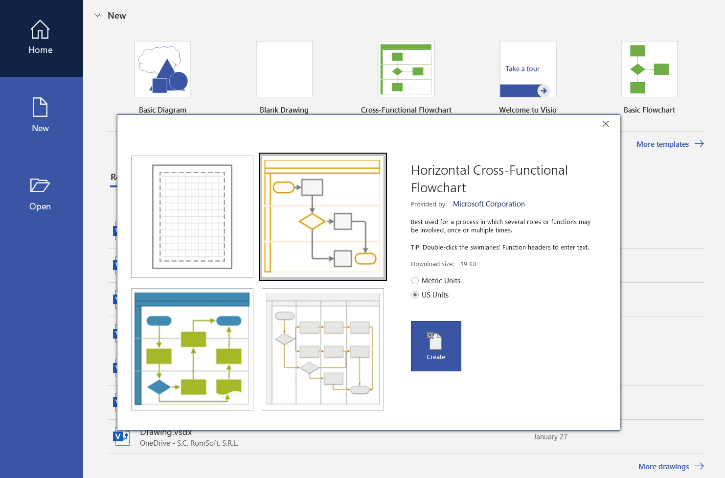 Select flowchart type in Microsoft Visio