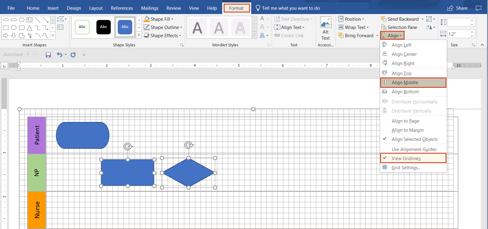 Align shapes in manual Word swimlane diagram
