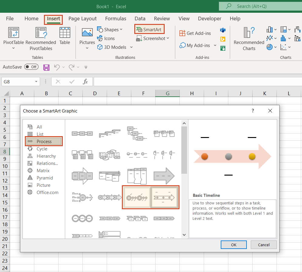 Make timelines in Excel with SmartArt