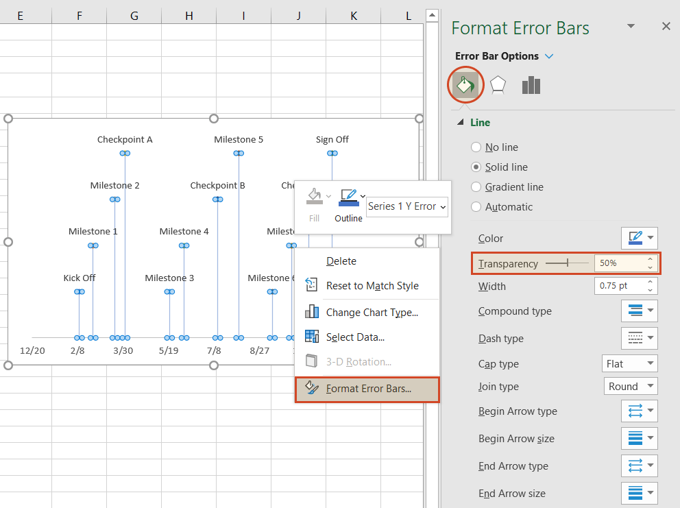 Change Excel timeline connector transparency