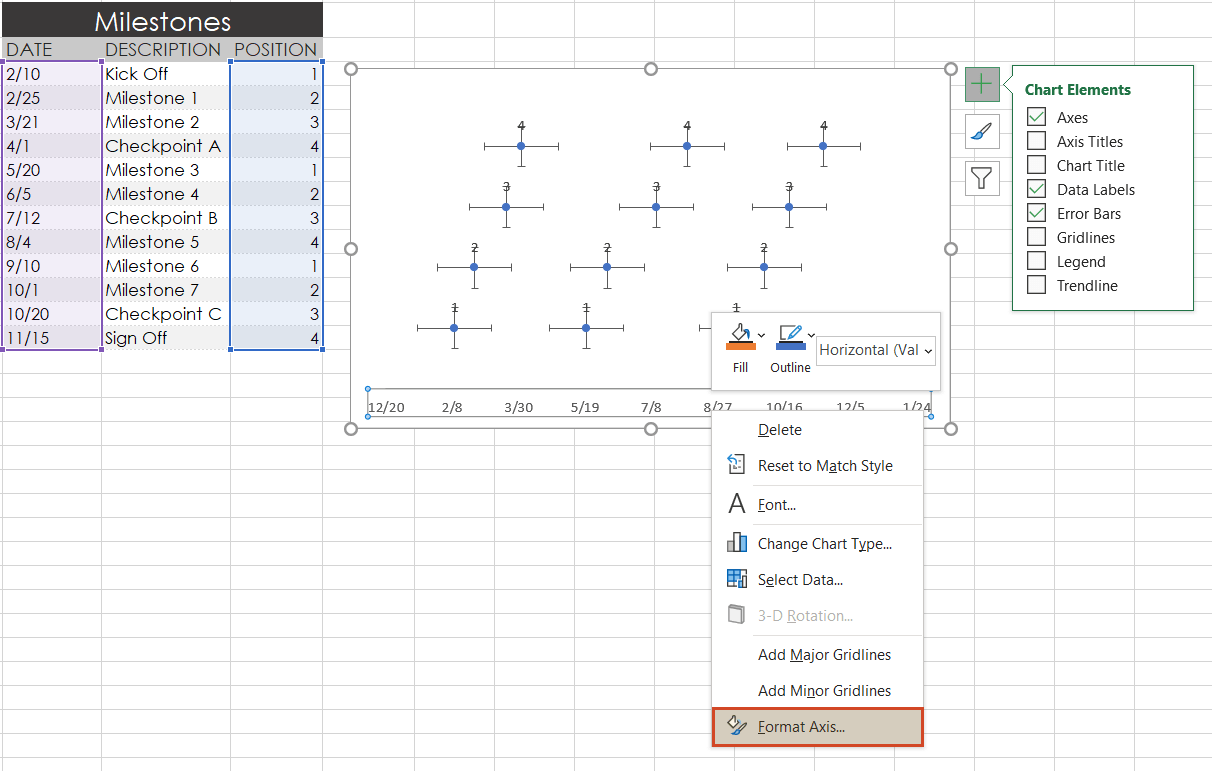Select Format Axis to format timeline in Excel