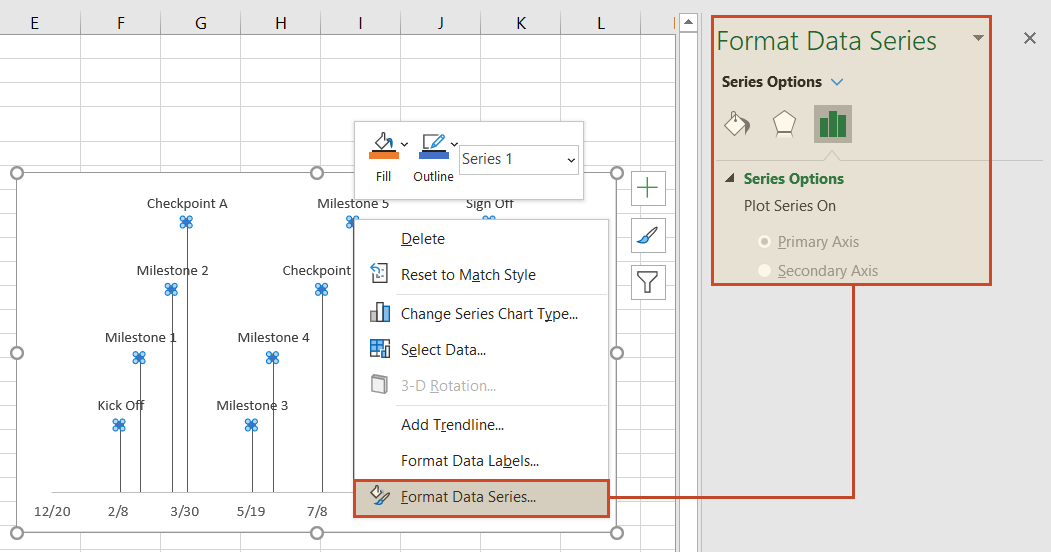 Bring up the Series Options menu in Excel timeline