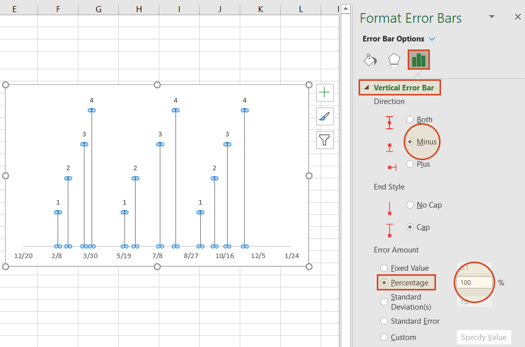 Settings in Vertical Error Bar - Excel timeline
