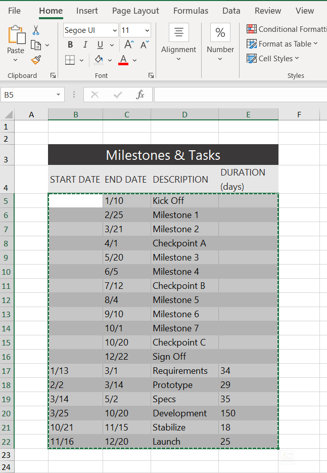 Copy data from Excel to Office Timeline