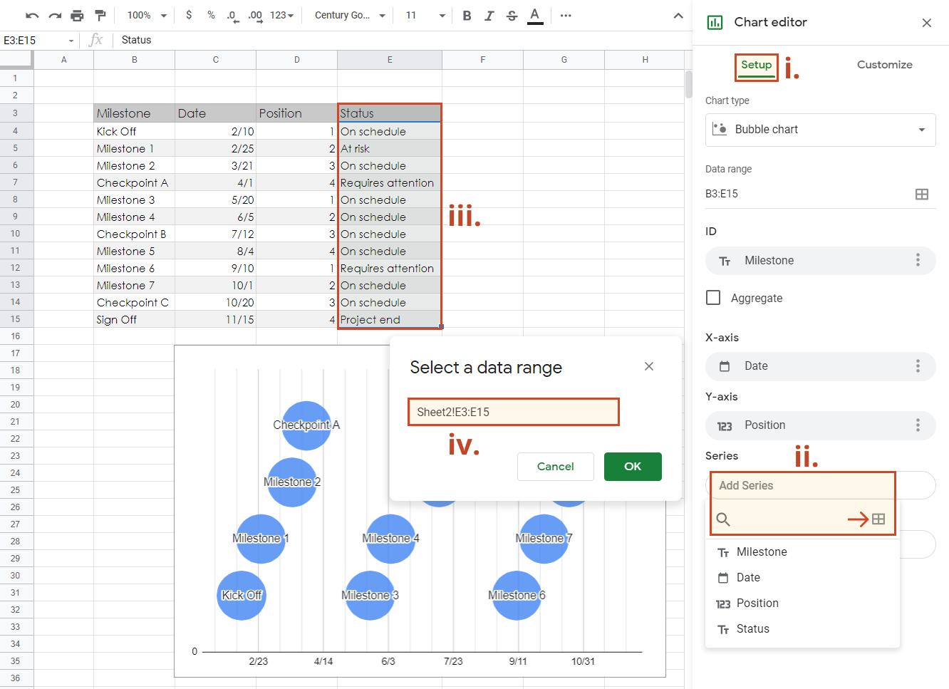 Add milestone category series to google sheets timeline