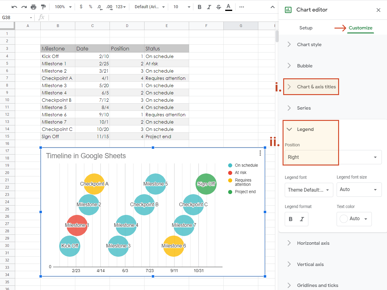 Add title and move legend in Google Sheets timeline