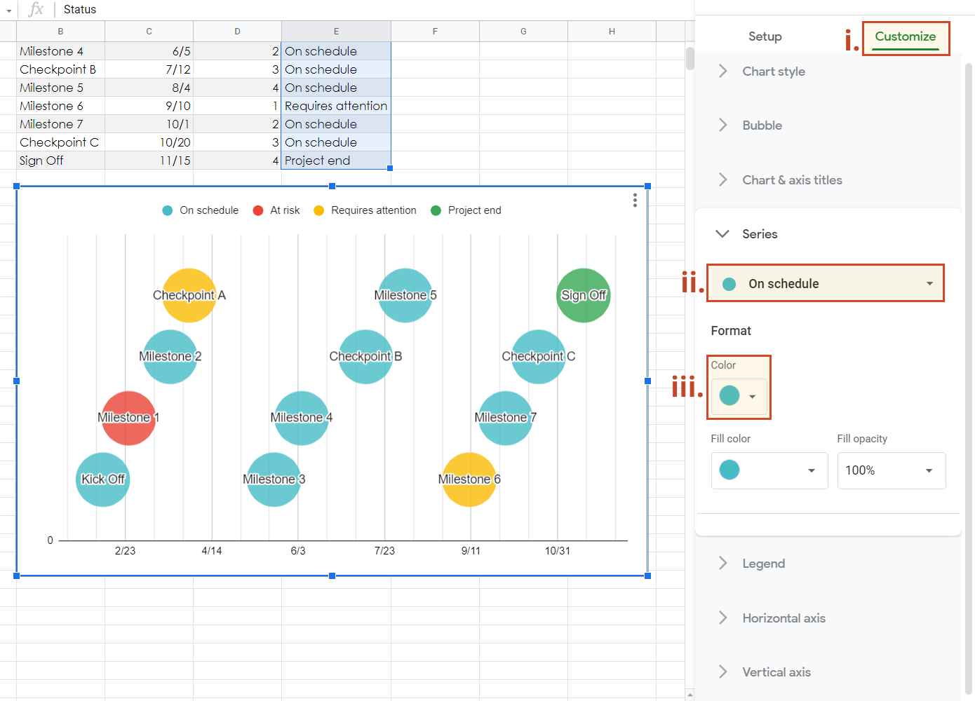 Change the default colors in Google Sheets timeline