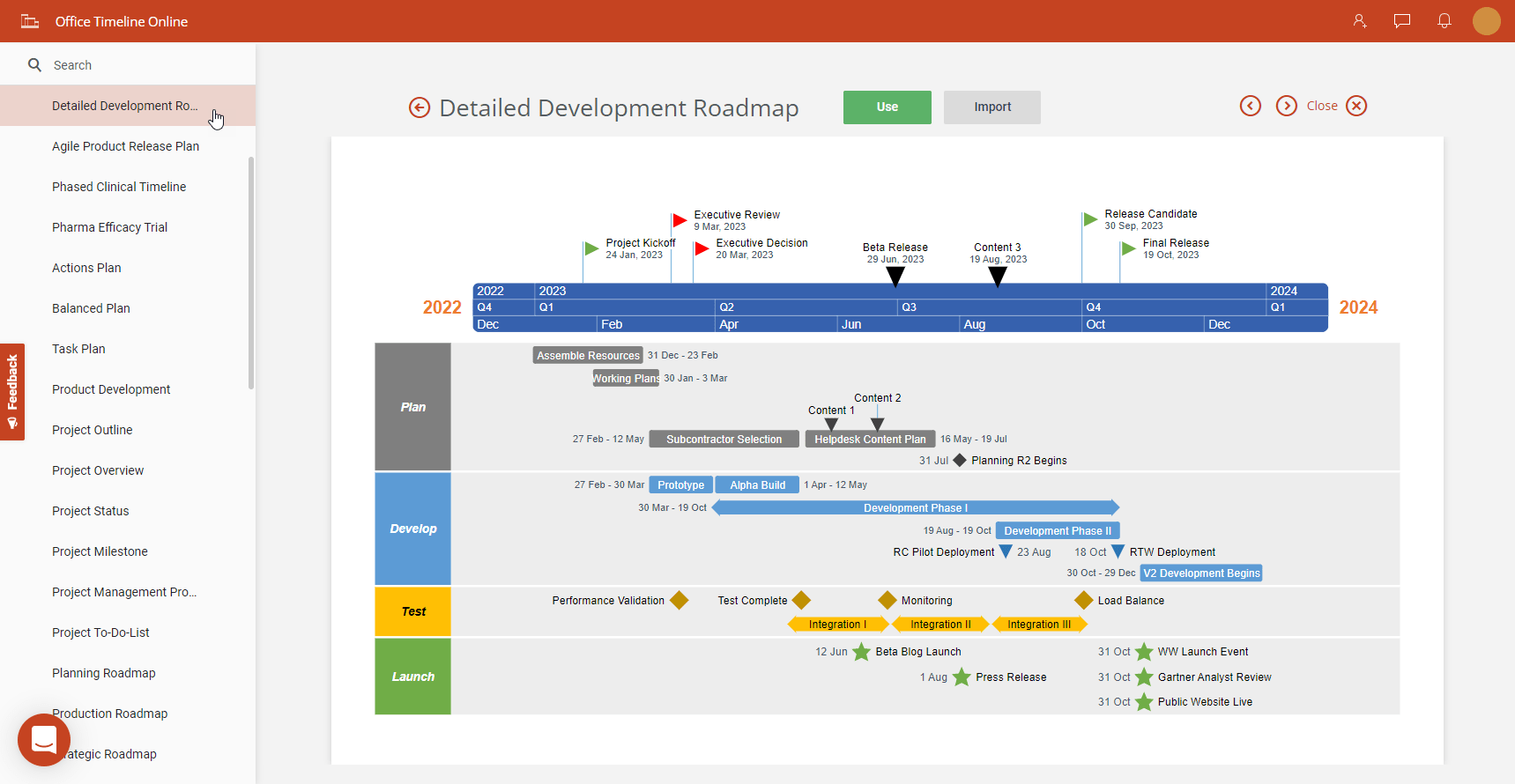Template preview in Office Timeline Online