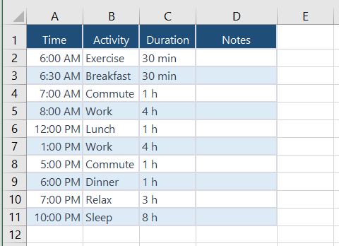 Example of daily schedule in Excel